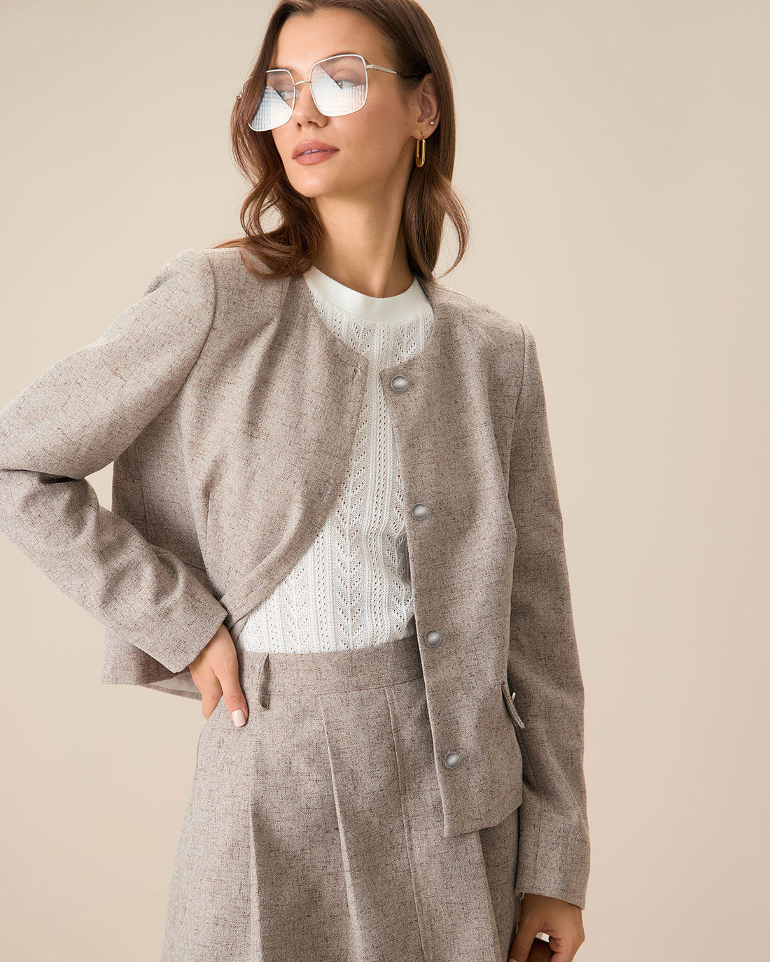 Dettagli Giacca Donna Khaki con Collo Rotondo Elegante