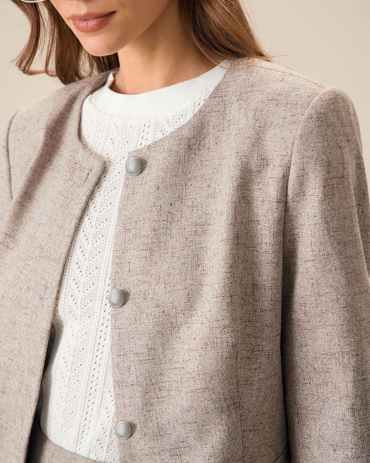 Giacca Donna Khaki con Collo Rotondo Elegante