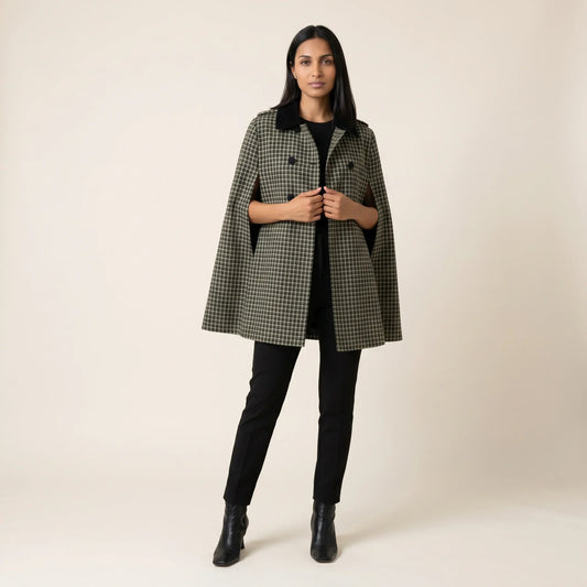 Cappotto Verde a Quadri con Maniche Cape